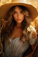 beautiful tanned girl who lies on a wheat field holding straw hat that covers her body, she looks at camera with serious face. AI Generated photo