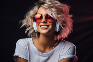 Neon portrait of smiling woman in headphones, sunglasses, white t-shirt. Listening to music. AI Generated photo