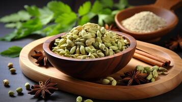 A realistic image of spice cardamom. AI Generated photo