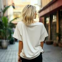 AI generated Girl model wearing blank white oversize t - shirt. LA street. Back view. modern style photo