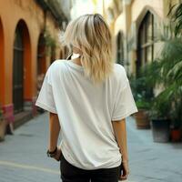 AI generated Girl model wearing blank white oversize t - shirt. LA street. Back view. modern style photo