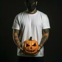 ai generativo foto de un hombre participación Víspera de Todos los Santos calabaza en mano, vistiendo un llanura blanco camiseta