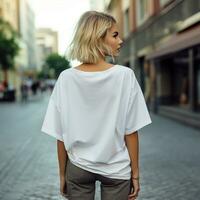 AI generated Girl model wearing blank white oversize t - shirt. LA street. Back view. modern style photo