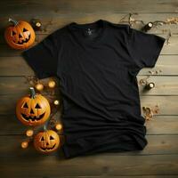 AI generative Blank black t-shirt lying in a sleeping position on a wooden table with several Halloween ornaments photo