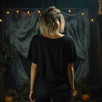 AI generated Girl model wearing black oversize t - shirt. halloween theme. Back view. modern style photo