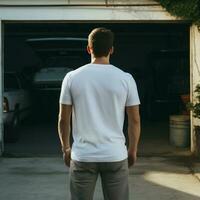 AI generative A man wearing a plain white t - shirt on the garage facing backwards, perfect to create tshirt mockup photo