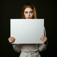 AI generated Sad girl holding a blank white board photo