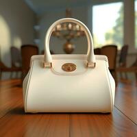 AI generative White woman bag on the wooden table, perfect to create mockup preview photo