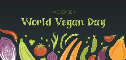 Vegan day. Horizontal banner with vegetables in cartoon style. Cabbage, zucchini, tomato, onion, carrot, bean, cucumber, eggplant, pumpkin. For advertising banner, website, poster, sale flyer. vector