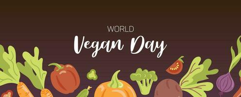 Vegan day. Horizontal banner with vegetables in cartoon style. Carrots, peppers, pumpkin, beets and onions. For advertising banner, website, poster, sale flyer vector