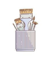 Various artistic brushes in a stand. Round and flat, flute brush and fan. Vector illustration in doodle style. painting supplies. For stickers, posters, postcards, design elements