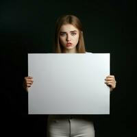 AI generated Sad girl holding a blank white board in dark background photo