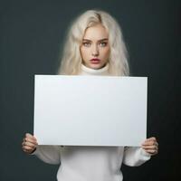 AI generated Sad girl holding a blank white board photo