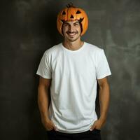 AI generated man wearing blank white t - shirt, wearing Big halloween pumpkin mask photo