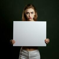 AI generated Sad girl holding a blank white board in dark background photo