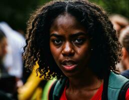 foto de rabia enojado negro Adolescente Universidad niña luchando el otro con herida en rostro, generativo ai