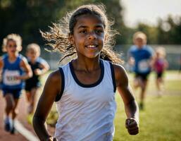 photo of girl kids running race sport at school, generative AI