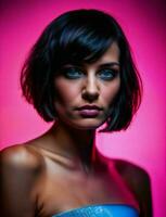 photo of beautiful woman with short hair and mixed pink neon light, generative AI