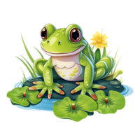 ein süß Frosch Sitz auf ein Lili Blume Blatt Design, ai generiert png