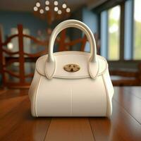 AI generative White woman bag on the wooden table, perfect to create mockup preview photo