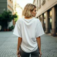 AI generated Girl model wearing blank white oversize t - shirt. LA street. Back view. modern style photo