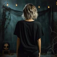 AI generated Girl model wearing black oversize t - shirt. halloween theme. Back view. modern style photo