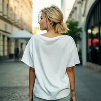 AI generated Girl model wearing blank white oversize t - shirt. LA street. Back view. modern style photo