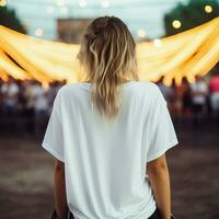 ai generado niña modelo vistiendo blanco demasiado grande t - camisa. música concierto vista. espalda vista. moderno estilo foto