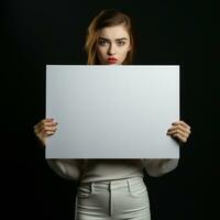 AI generated Sad girl holding a blank white board photo