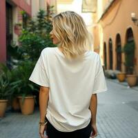 AI generated Girl model wearing blank white oversize t - shirt. LA street. Back view. modern style photo