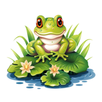 une mignonne grenouille siège sur une lili fleur feuille conception, ai généré png