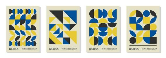 conjunto de 4 afiches de diseño geométrico mínimo de los años 20, arte mural, plantilla, diseño con elementos de formas primitivas. Fondo de vector de patrón retro bauhaus, colores de bandera ucraniana azul, amarillo y negro