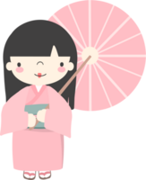 mignonne dessin animé femme est portant une kimono en portant traditionnel parapluie png