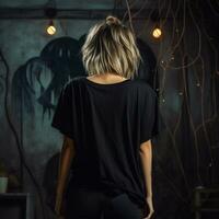 AI generated Girl model wearing black oversize t - shirt. halloween theme. Back view. modern style photo