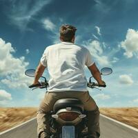 AI generative Photo of a man on the bike wearing a plain white t-shirt facing backwards