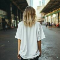 AI generated Girl model wearing blank white oversize t - shirt. LA street. Back view. modern style photo