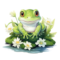 ein süß Frosch Sitz auf ein Lili Blume Blatt Design, ai generiert png