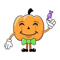 Cute Pumpkin Lantern character, sticker and mascot, vector drawing with candy, Halloween holiday art, print and decoration.