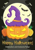 Halloween Costume Party and Celebration announce poster with Jack O Lantern pumpkin, full moon and flying bats. vector