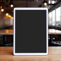 AI Generative High quality photo of big tablet with blank screen on the table, perfect to create mockup preview