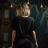 AI generated Girl model wearing black oversize t - shirt. halloween theme. Back view. modern style photo