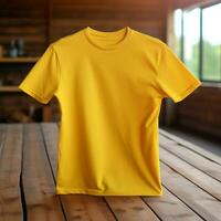 ai generativo alto calidad blanco camiseta en amarillo color, Perfecto a crear Bosquejo avance foto