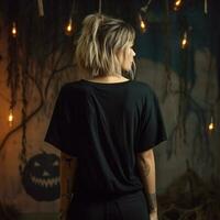 AI generated Girl model wearing black oversize t - shirt. halloween theme. Back view. modern style photo