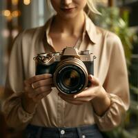 AI generative High quality photo of woman hand holding mirrorless camera