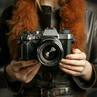 AI generative High quality photo of woman hand holding mirrorless camera