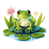 une mignonne grenouille siège sur une lili fleur feuille conception, ai généré png