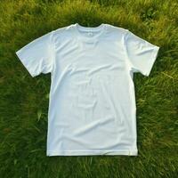 AI generative High quality of Blank white t-shirt on the green grass, perfect for mockup preview photo