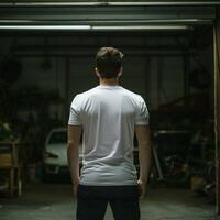 AI generative A man wearing a plain white t - shirt on the garage facing backwards, perfect to create tshirt mockup photo
