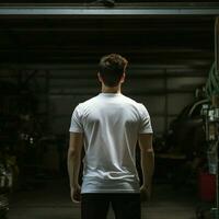 AI generative A man wearing a plain white t - shirt on the garage facing backwards, perfect to create tshirt mockup photo