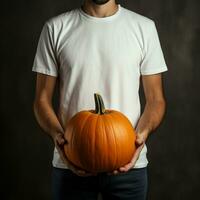 AI generative Photo of a man holding halloween pumpkin in hand, wearing a plain white t-shirt